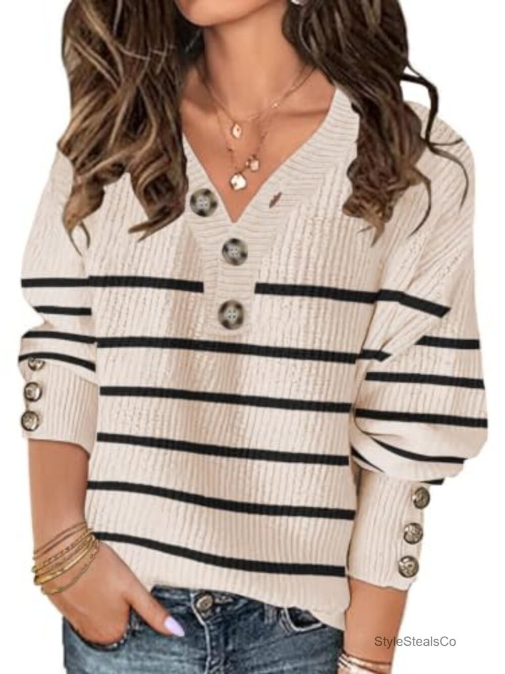 Oversized Knit Sweater Womens Button V-Neck Tunic Pullover